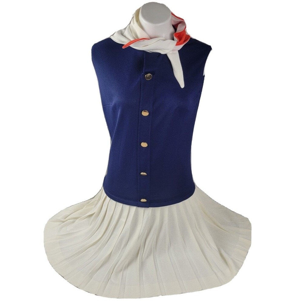 Vintage 1970s Sacony Ciella Blue Top White Pleated Skirt Dress Drop Waist EUC 16